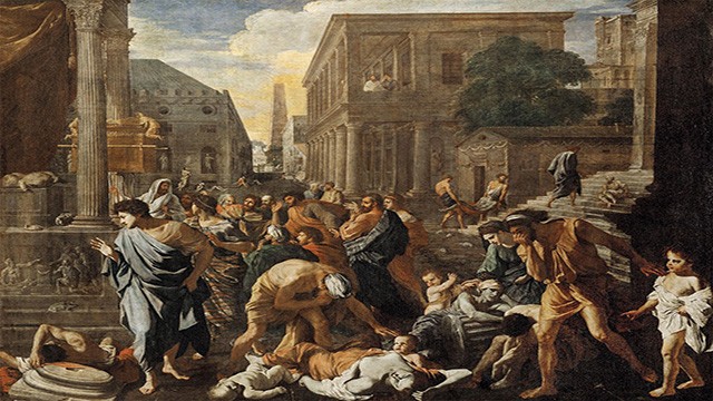 Dipinto storico raffigurante la Peste di Giustiniano, prima grande epidemia documentata della storia